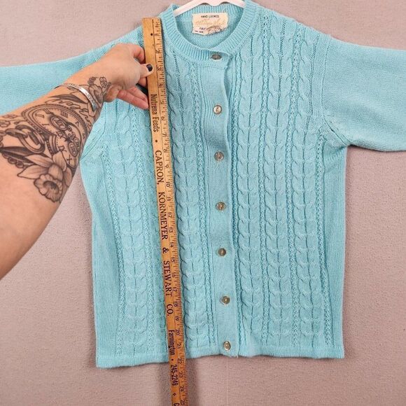 VINTAGE 70s Hand Loomed Acrylic Cable Knit Sweater Size Small S Blue - Picture 6 of 7